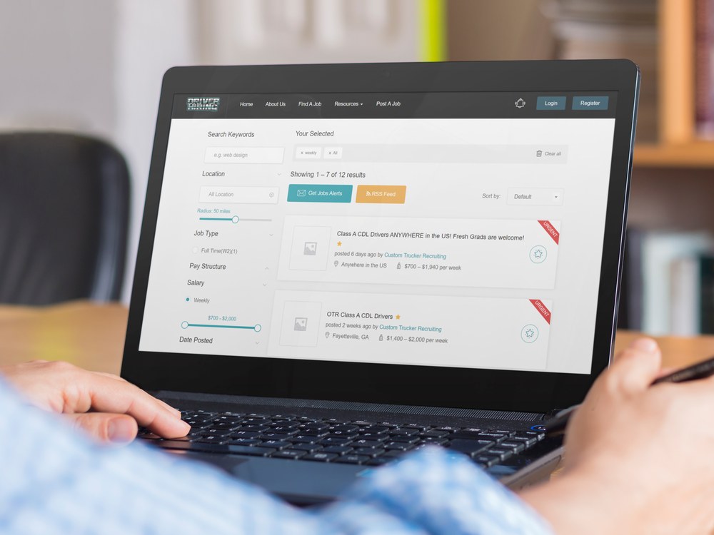 CDL driver job board with search filters, salary ranges, and job alerts